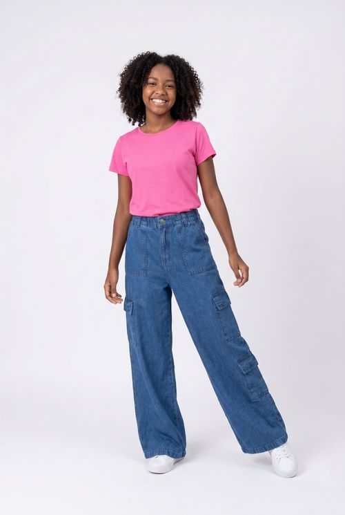 Calça Jeans Juvenil Azul Médio Wide Leg Cargo