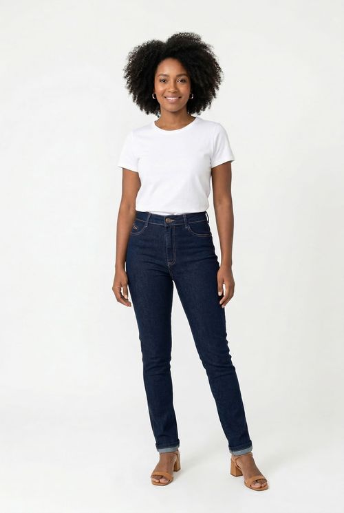 Calça Jeans Cigarrete Cintura Alta Feminina Azul Escuro