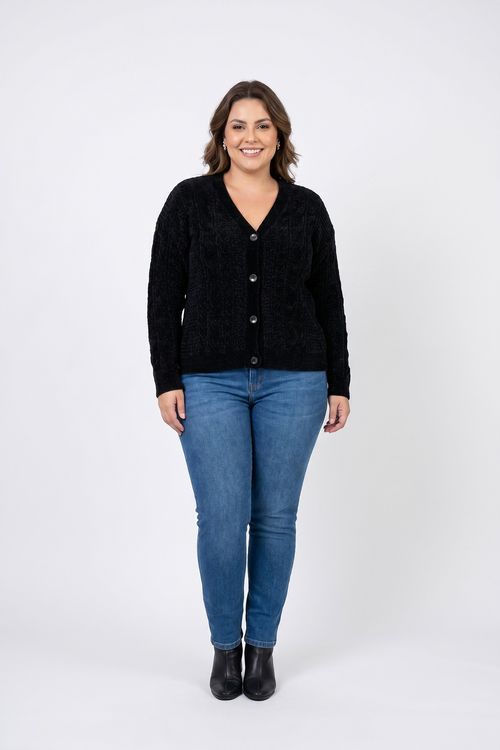 Cardigan fem fpm fgg007 chenille botoes preto