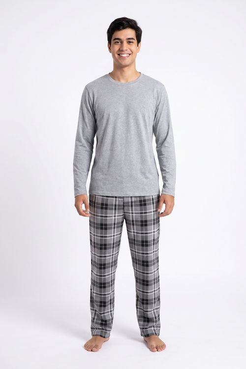 Pijama Masculino Longo Algodão Calça Xadrez Cinza