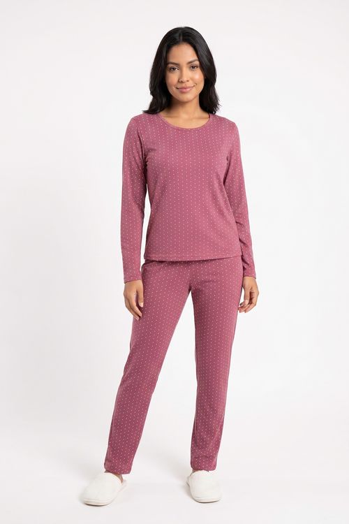 Pijama Feminino Longo em Polybrush Estampa Poá Vinho