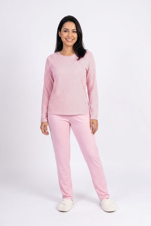 Pijama Feminino Longo em Polybrush Estampa Poá Rosa