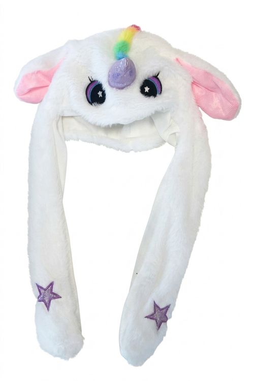 Gorro Infantil Menina Unicórnio Pelúcia Branco Orelhas Móveis