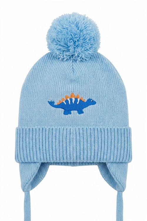 Gorro Infantil Menino Azul com Pompom e Estampa Dinossauro