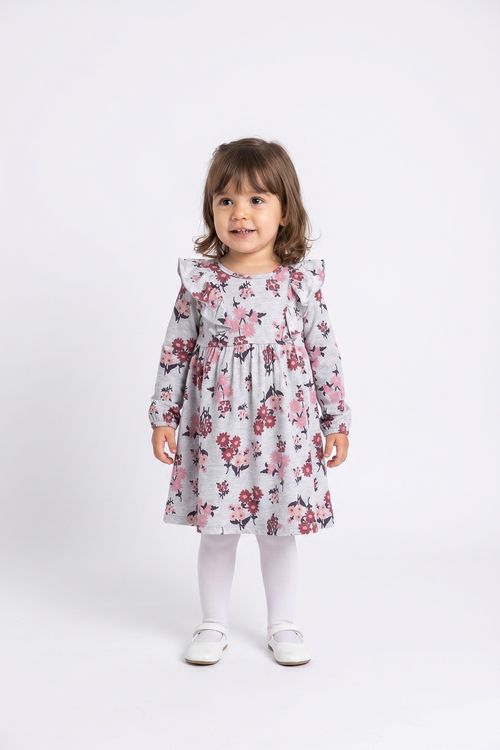 Vestido Infantil Menina Cinza Floral Manga Longa