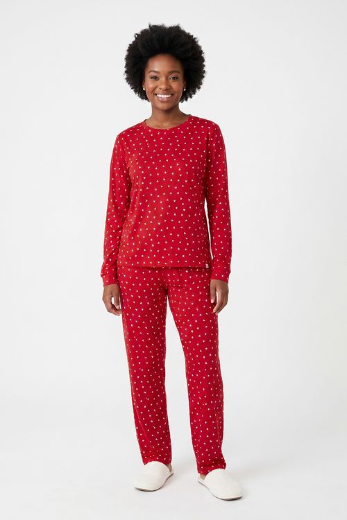 Pijama Feminino Longo em Tricô Estampa Corações Vermelho
