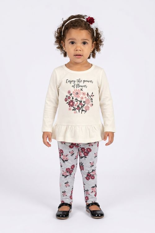 Conjunto Infantil Menina Off White Floral Legging Cinza