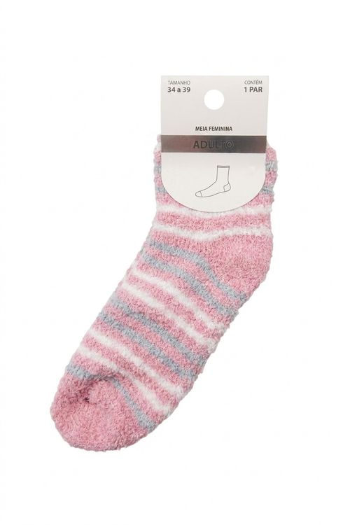 Meia Feminina Chenille Listrada Rosa e Branca 34-39