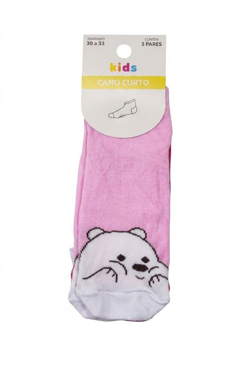 Kit 3 Pares Meias Infantis Menina Rosa Ursinho 30-33