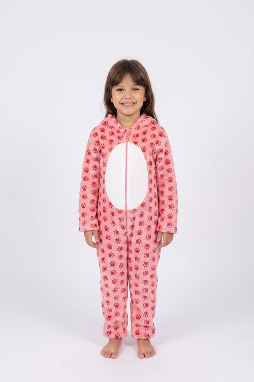 Macacão Infantil Menina Plush Rosa Estampa Patinhas