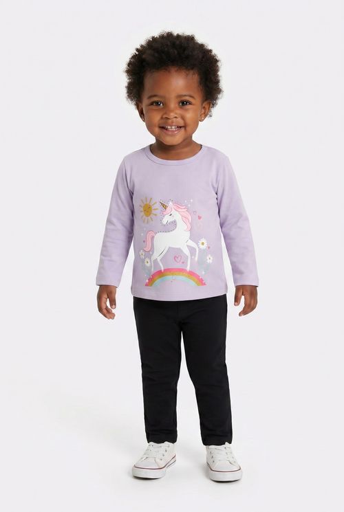 Blusa Infantil Menina Lilás Manga Longa Estampa Unicórnio