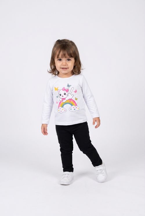 Blusa Infantil Menina Branca Gatinho Arco-Íris