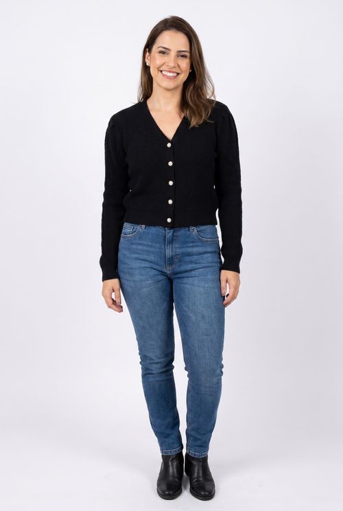 Cardigan Feminino em Tricot Preto com Mangas Bufantes