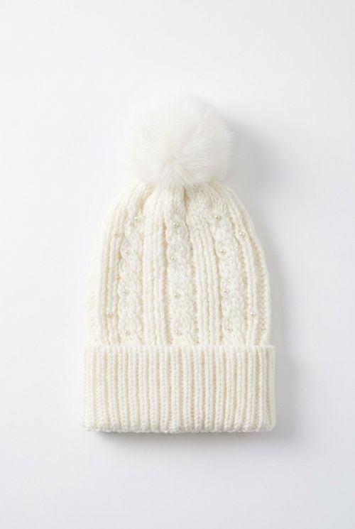 Gorro Feminino de Tricô com Pompom e Pérolas Off White