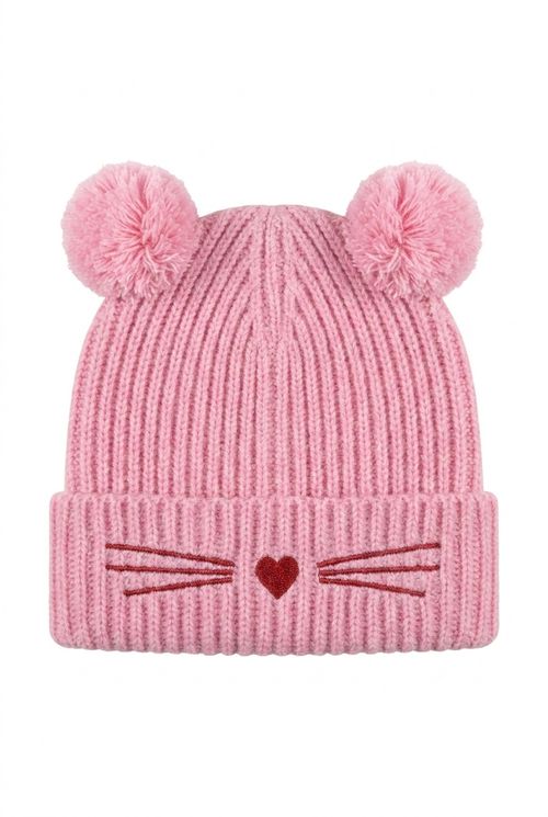 Gorro Infantil Menina Tricô Rosa com Pompons e Gatinho