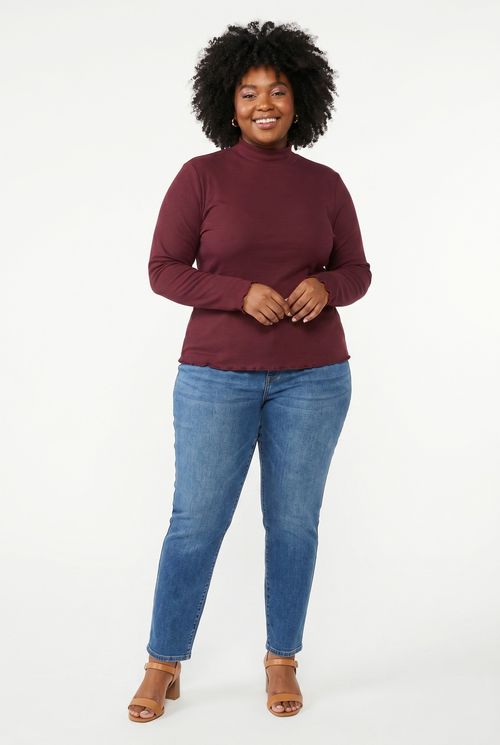 Blusa Feminina Manga Longa em Ribana Gola Alta Vinho