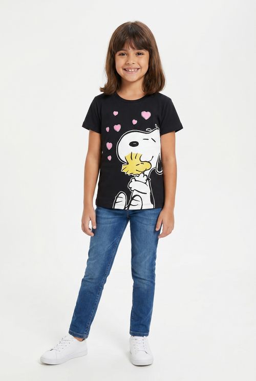 Blusa Infantil Menina Preta Snoopy e Corações