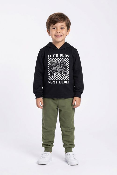 Conjunto Infantil Menino Gamer Moletom Preto e Calça Verde