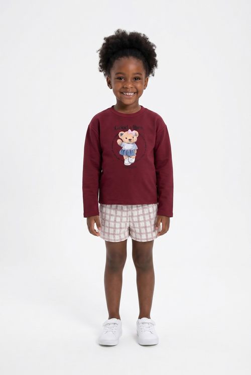 Conjunto Infantil Menina Vinho Moletom Urso e Short Xadrez