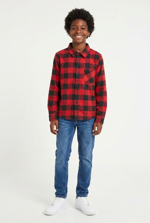 Camisa Infantil Menino Xadrez Vermelha e Preta Flanela