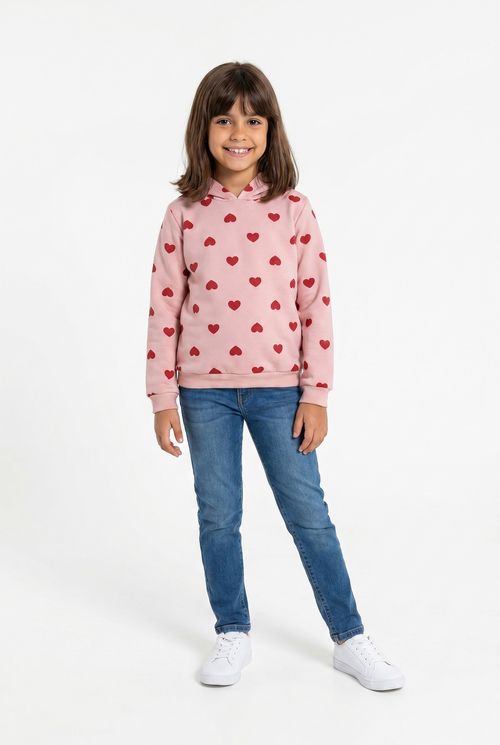 Moletom Infantil Menina Rosa com Capuz e Estampa Corações