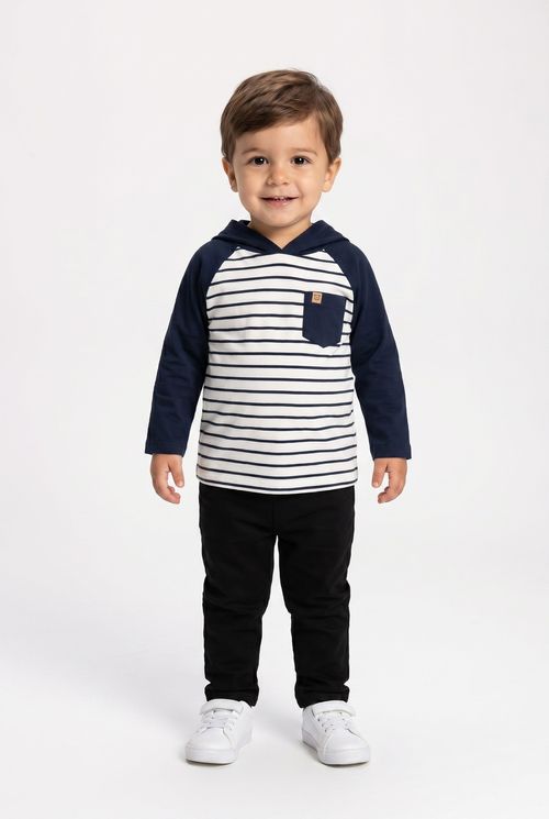 Blusa Infantil Menino Listrada com Capuz e Bolso Marinho