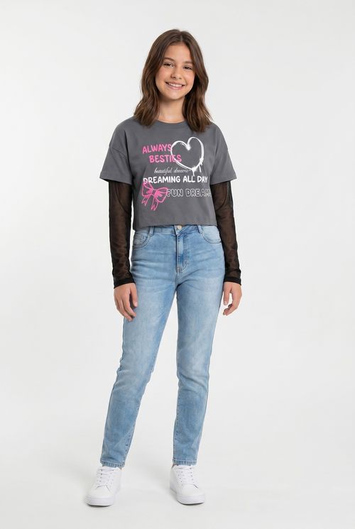 Blusa Infantil Menina Cropped Cinza Tule Always Besties