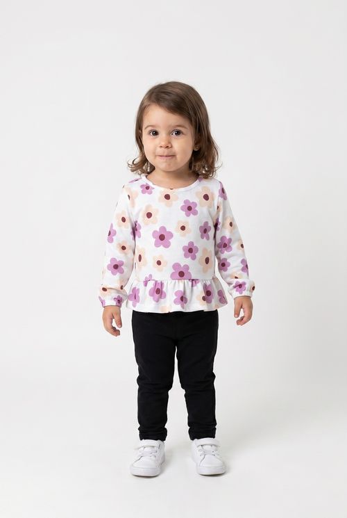 Blusa Infantil Menina Off White Floral com Babados