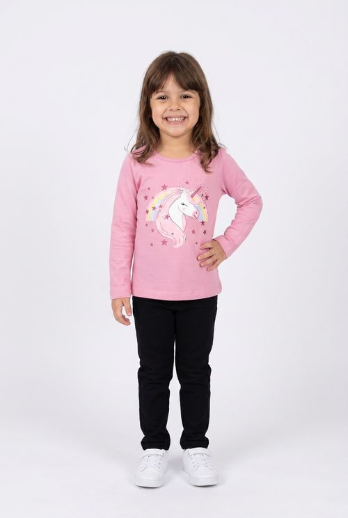 Blusa Infantil Menina Rosa Estampa Unicórnio e Arco-Íris