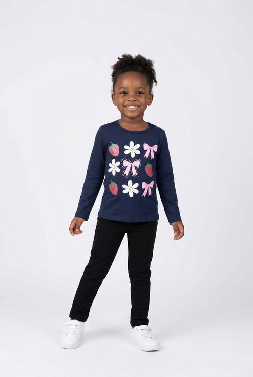 Blusa Infantil Menina Azul Marinho Estampa Morangos