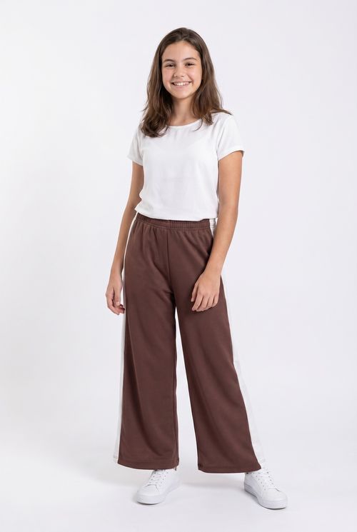 Calça Jogger Infantil Menina Wide Leg Marrom com Listras