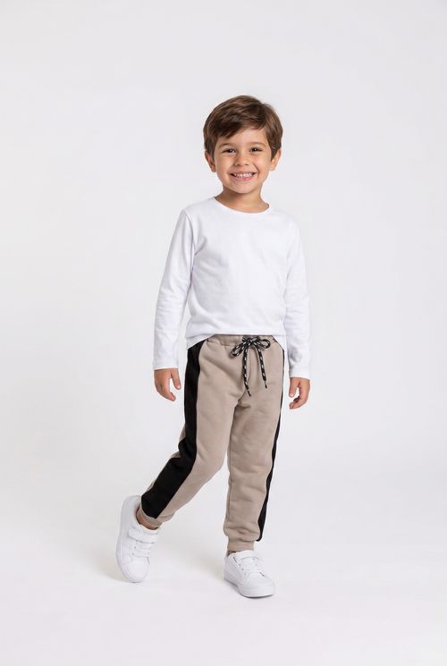 Calça Jogger Infantil Bege com Recortes Laterais