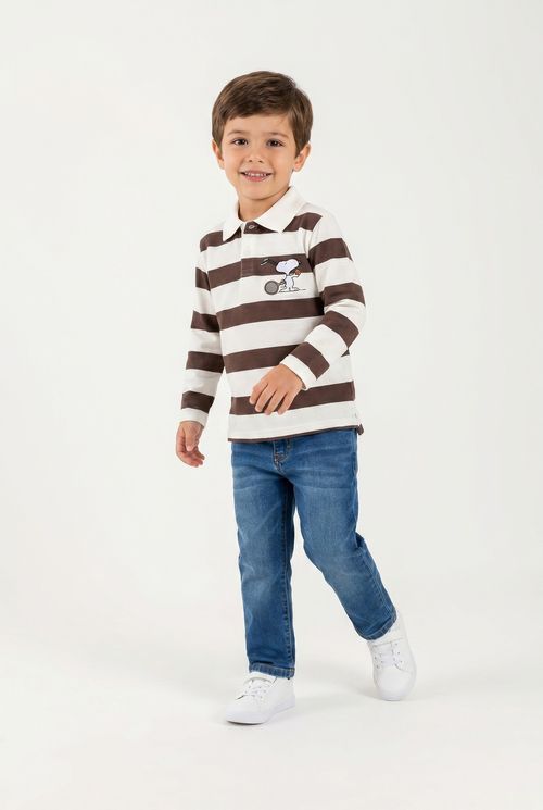 Camisa Polo Infantil Menino Off White e Marrom Snoopy