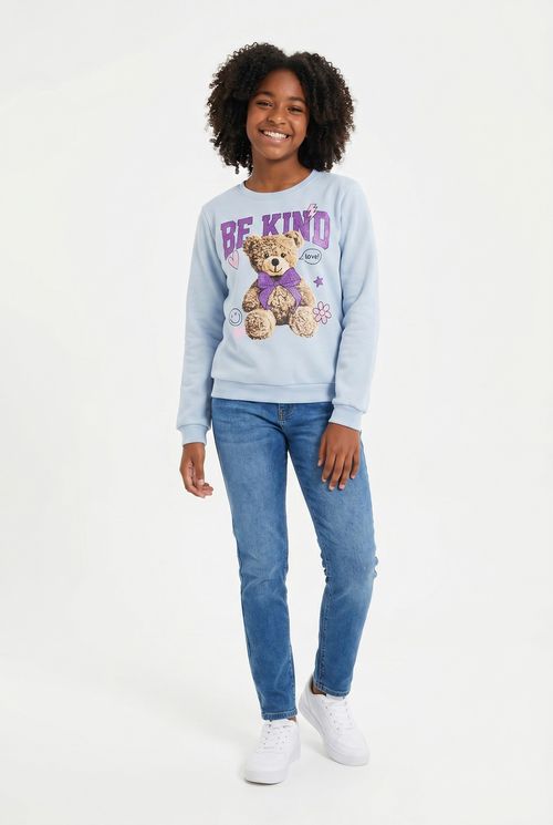 Blusa Infantil Menina Moletom Azul Claro Estampa Urso