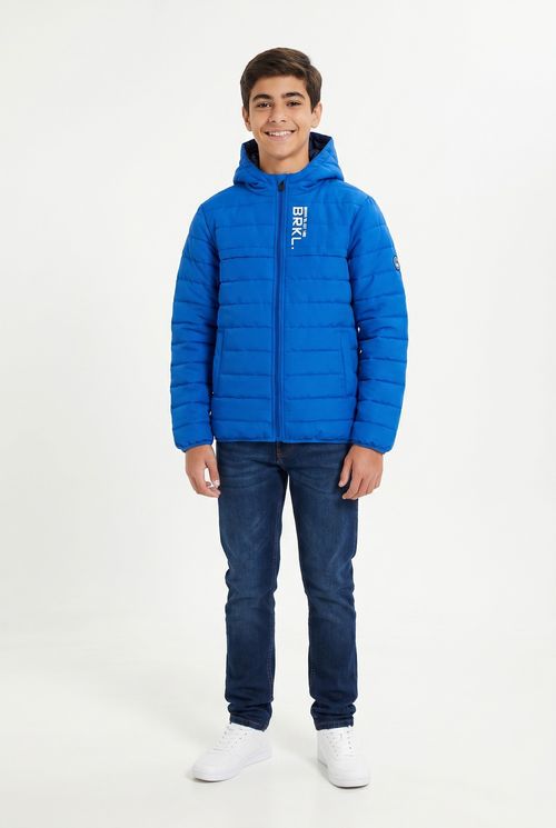 Jaqueta Puffer Infantil Menino Azul com Capuz e Estampa