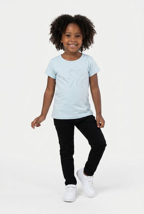 Blusa Infantil Menina Azul Claro Estampa Strass LOVE