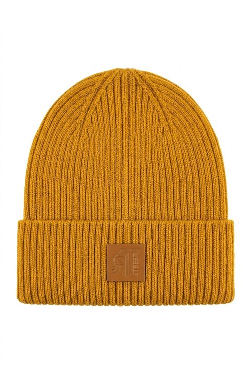 Gorro Masculino Canelado Mostarda com Patch de Couro