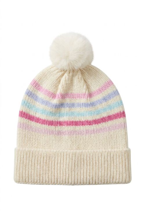 Gorro Infantil Menina Tricô Listrado com Pompom Off White