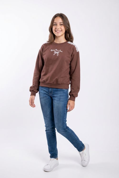 Moletom Infantil Menina Marrom Juvenil com Renda e Silk