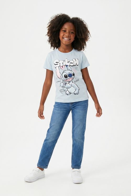 Blusa Infantil Menina Azul Claro Estampa Stitch 100% Algodão