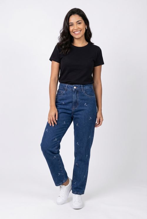 Calça Jeans Mom Feminina Azul Escuro com Bordados