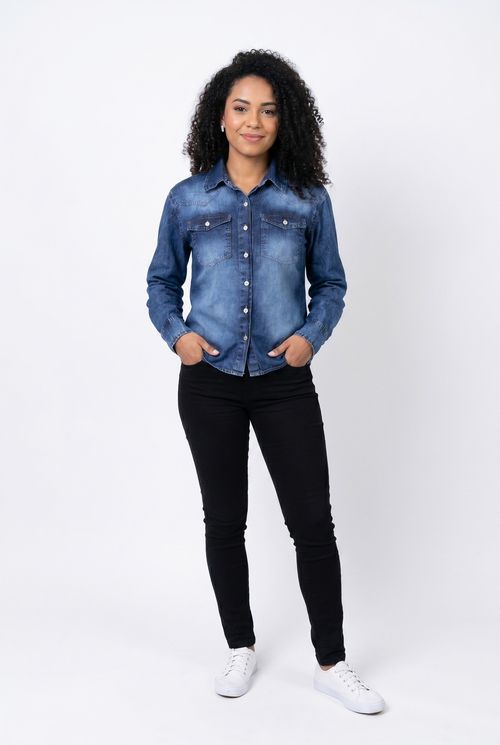 Camisa Jeans Feminina Western Manga Longa Azul Médio