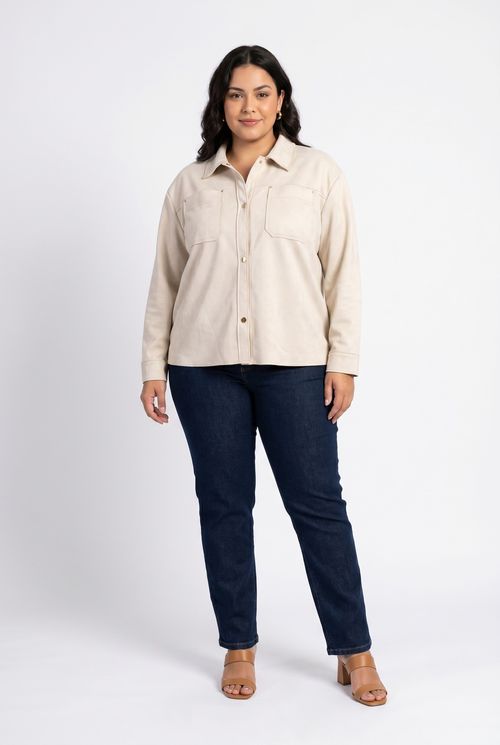 Jaqueta Feminina em Suede Bege com Bolsos