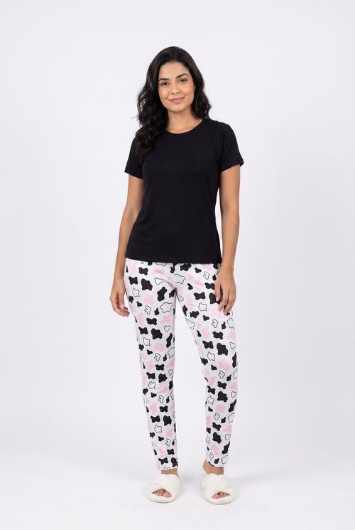 Pijama Feminino Manga Curta Calça Estampada Vaquinha Rosa
