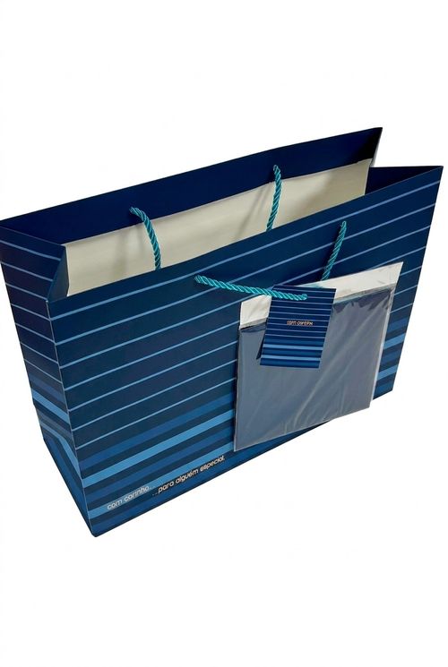 Sacola de Presente Listrada Azul com Cartão Caedu