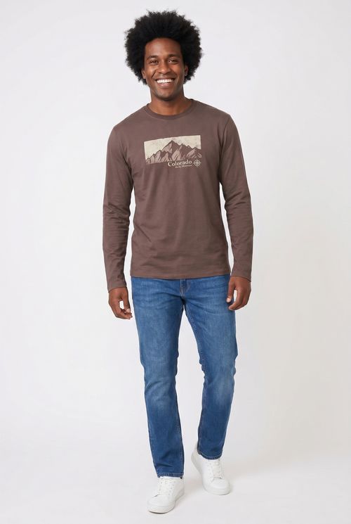 Camiseta Masculina Manga Longa Marrom Estampa Colorado