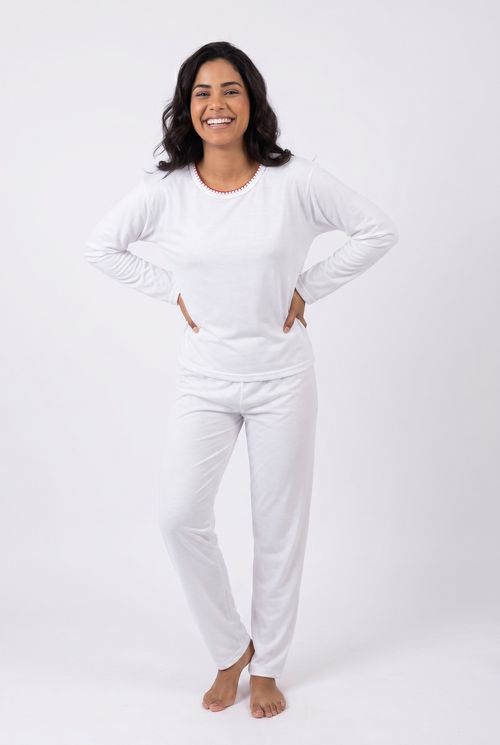 Pijama Feminino em Velour Off White com Detalhes