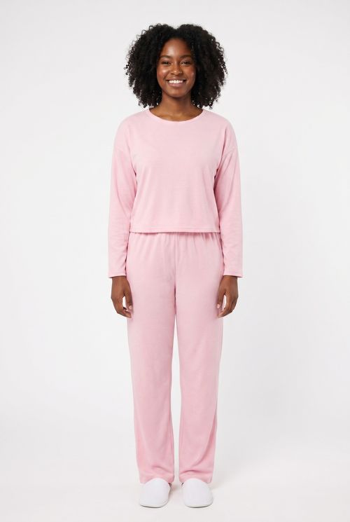 Pijama Feminino em Velour Rosa Claro