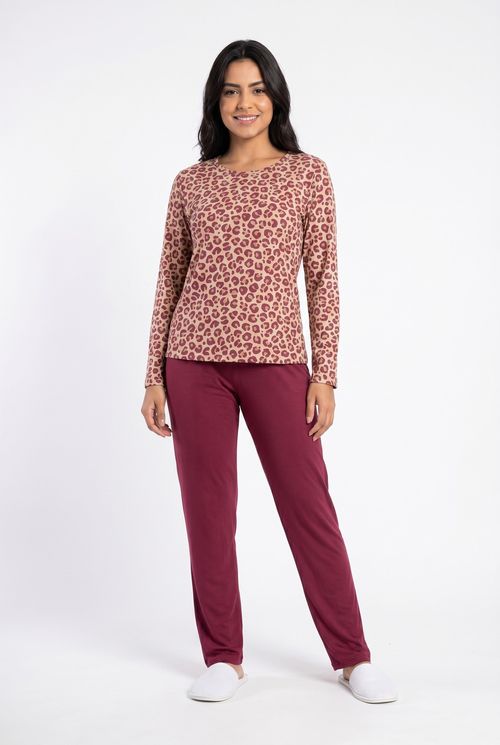 Pijama Feminino Longo Animal Print Vinho
