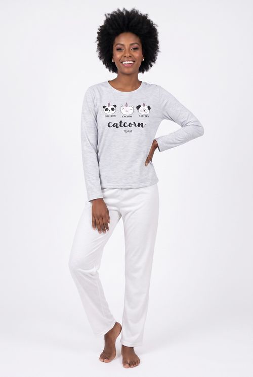 Pijama Feminino Longo Moletinho Cinza Estampa Catcorn